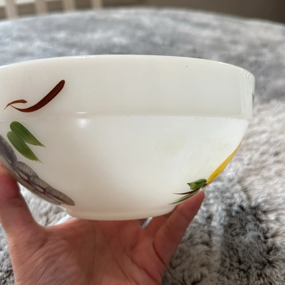 VTG‎ Anchor Hocking Fire King Gay Fad Fruit Hand Painted Milk Glass Mixing Bowl